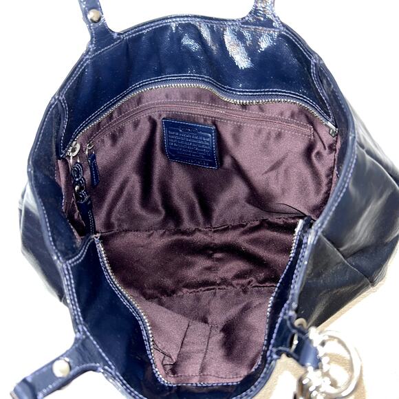 Coach Carryall Madison Handbag Navy Patent Leather Silver Logo - Picture 5 of 9